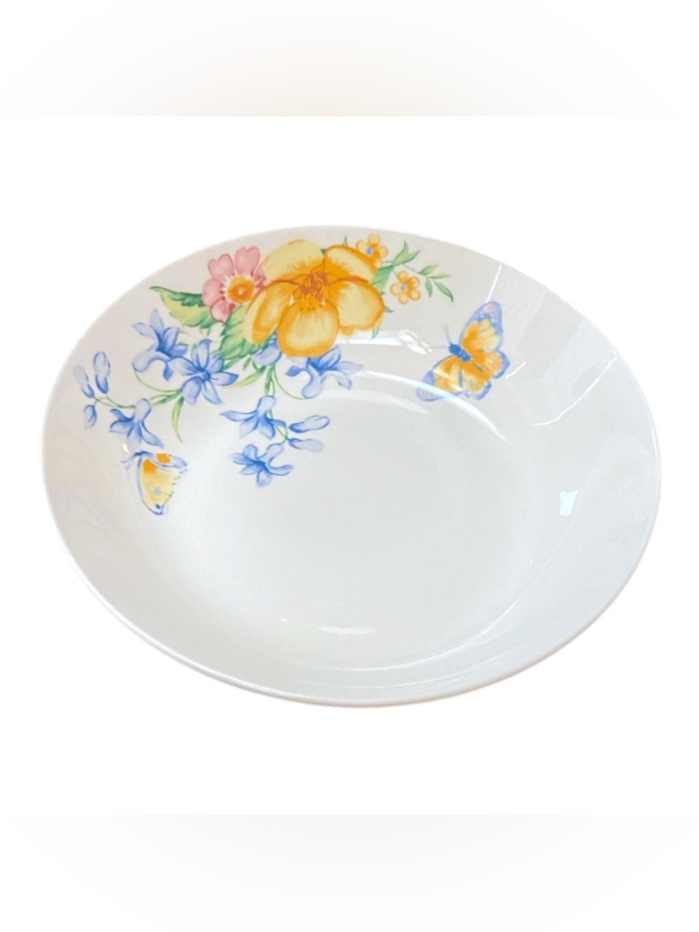 4 Pasta Bowls 8” White Porcelain Floral Butterfly Cottagecore Garden Whimsical